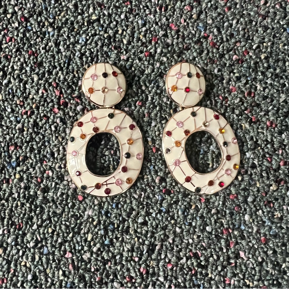 ZARA Off-White Cream & Colorful Gemstone Oval Dangle Statement Earrings Jewelry - Picture 9 of 12